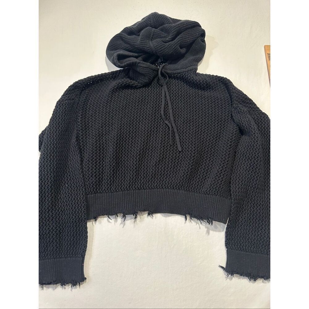 RtA Cropped Black Hoodie Distressed Hem Waffle Knit Pullover Size Large